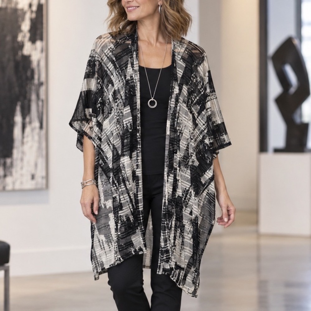 NWT Chico's One Size Abstract Plaid Mesh Kimono Ruana Cardigan Artsy Boho